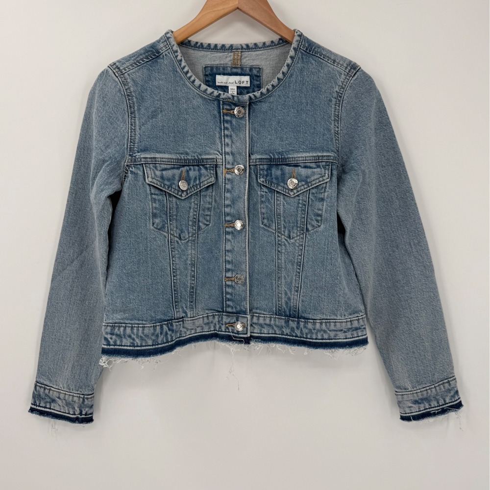 NWT‎ LOFT Collarless Cropped Denim Jacket Frayed Hem Women XS Petite